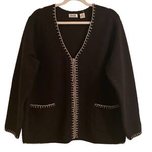 Elements Spiegel 100% Wool Black Cardigan Jacket with Contrast Stitching Size 1X